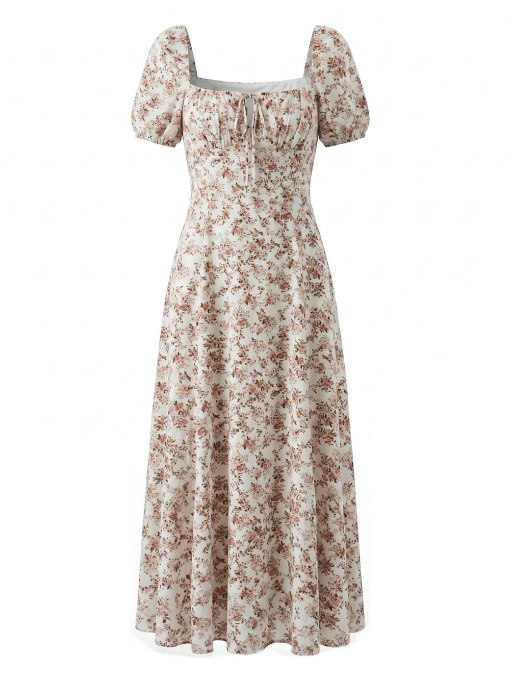 SHEIN Cream Midi Milkmaid Puff Sleeve Dress with Dusty Rose Floral Print